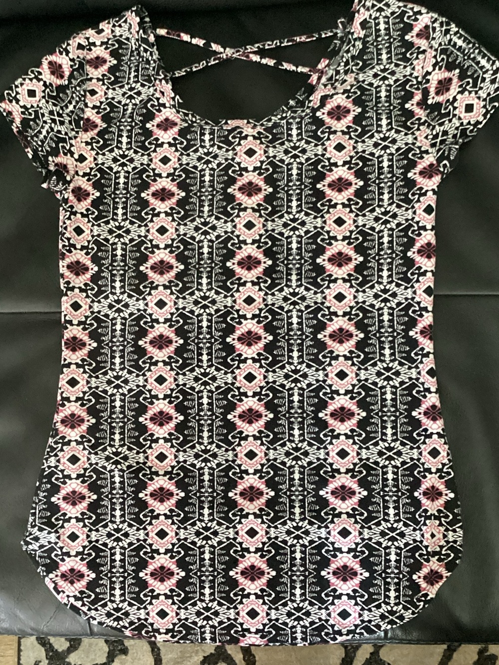 No Boundaries Black Tee with Pink and White Geometric Print